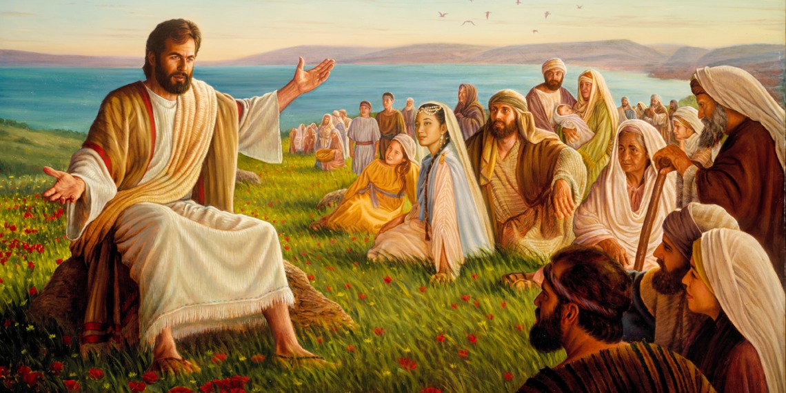 Jesus teaching a crowd that includes men, women, and children